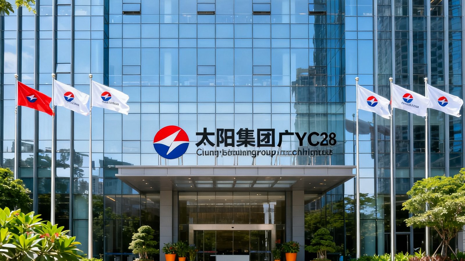 太阳集团tyc9728广州总部办公大楼外观，现代化玻璃幕墙建筑前悬挂着公司品牌标识旗帜，入口处摆放着欢迎访客的绿植景观。