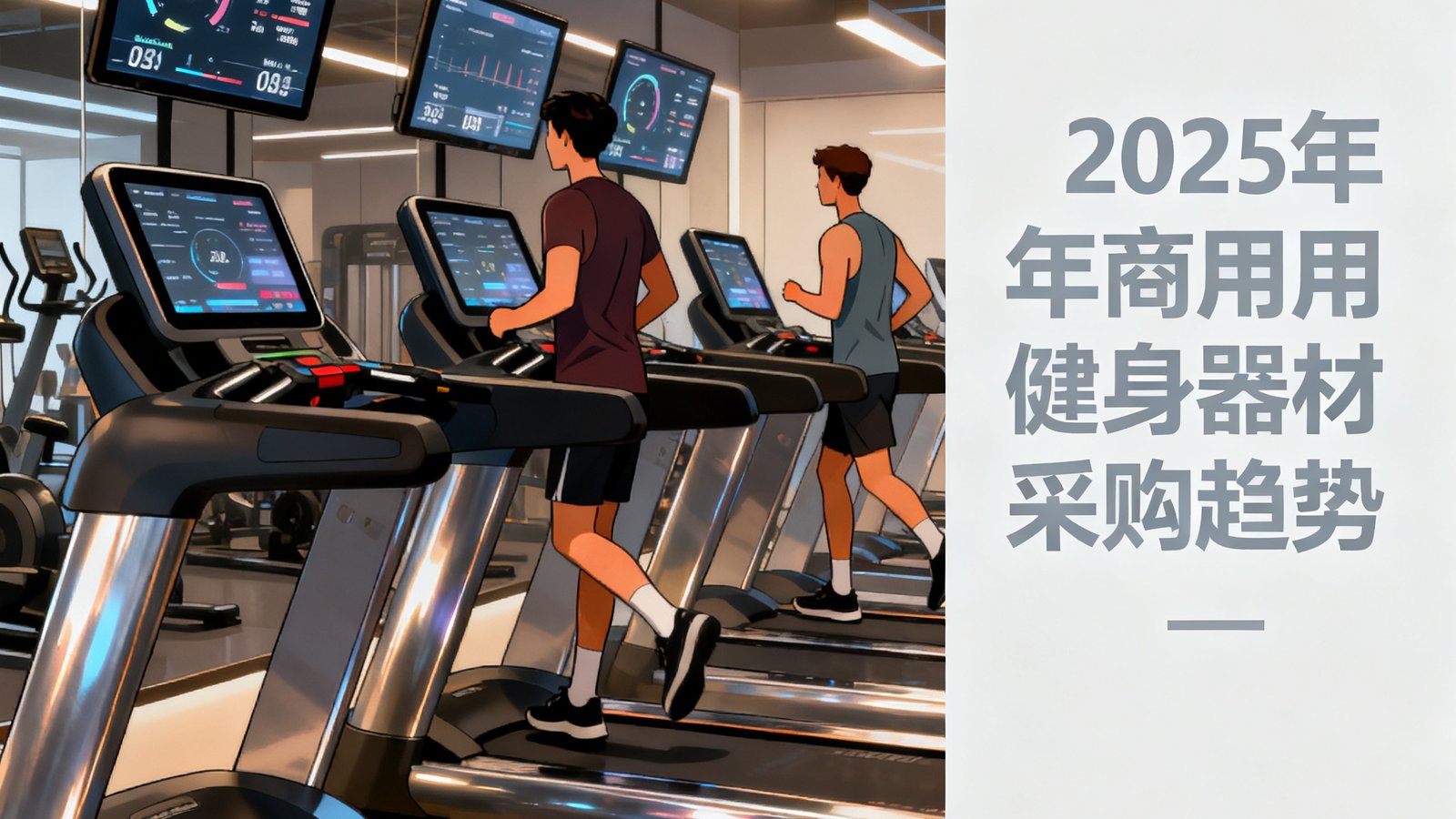 一篇关于2025年商用健身器材采购趋势的文章配图，画面中展示了一排智能跑步机在现代化健身房中的使用场景。