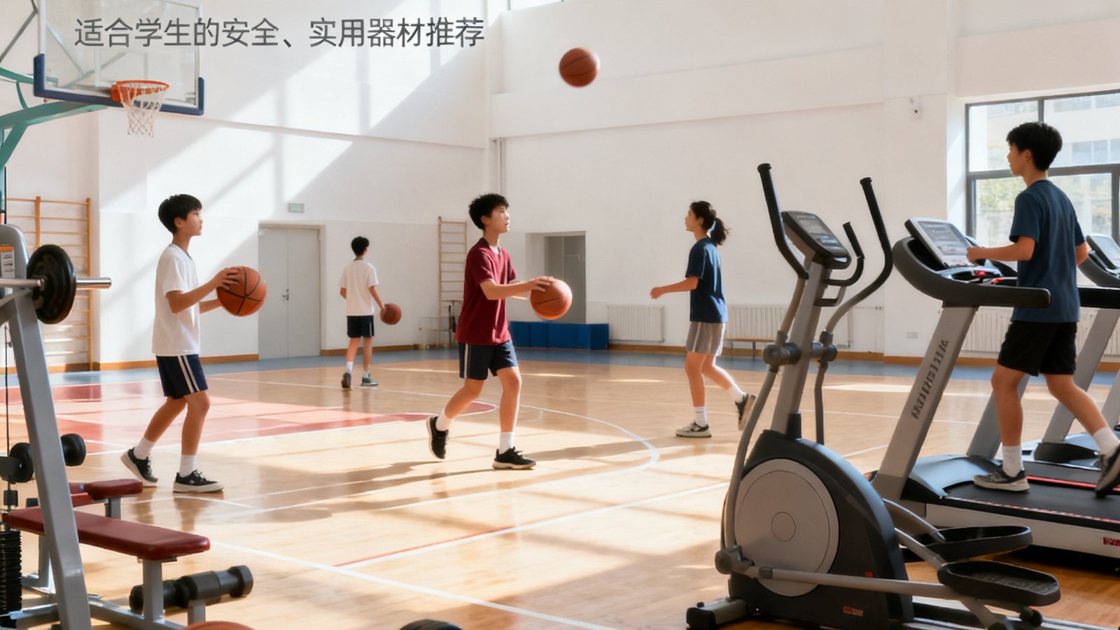 一篇校园体育器材选购指南文章配图，画面中学生在新建的学校体育馆内使用器材进行体育锻炼。
