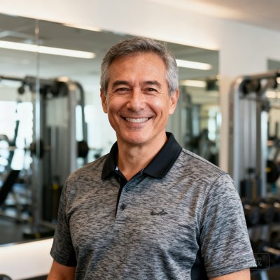 一位穿着运动POLO衫的中年男性客户代表，背景为明亮的健身房环境，他正微笑着面对镜头。
