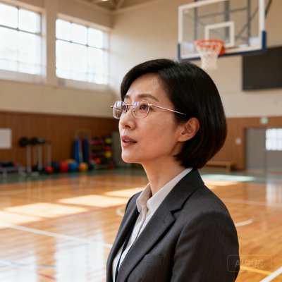 一位干练短发女性客户代表，戴着细框眼镜，背景是学校体育馆的篮球场地。